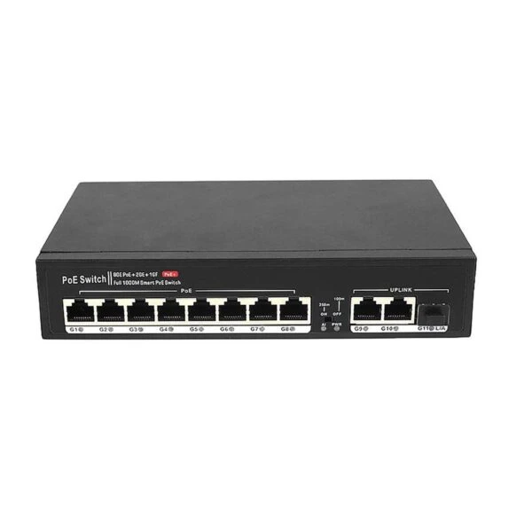 سوئیچ 8 پورت PoE مدل H3108PFD | دارای 2 پورت Uplink گیگابیت + 1 پورت SFP فیبر نوری، توان 120 وات و ظرفیت 22 گیگابیت