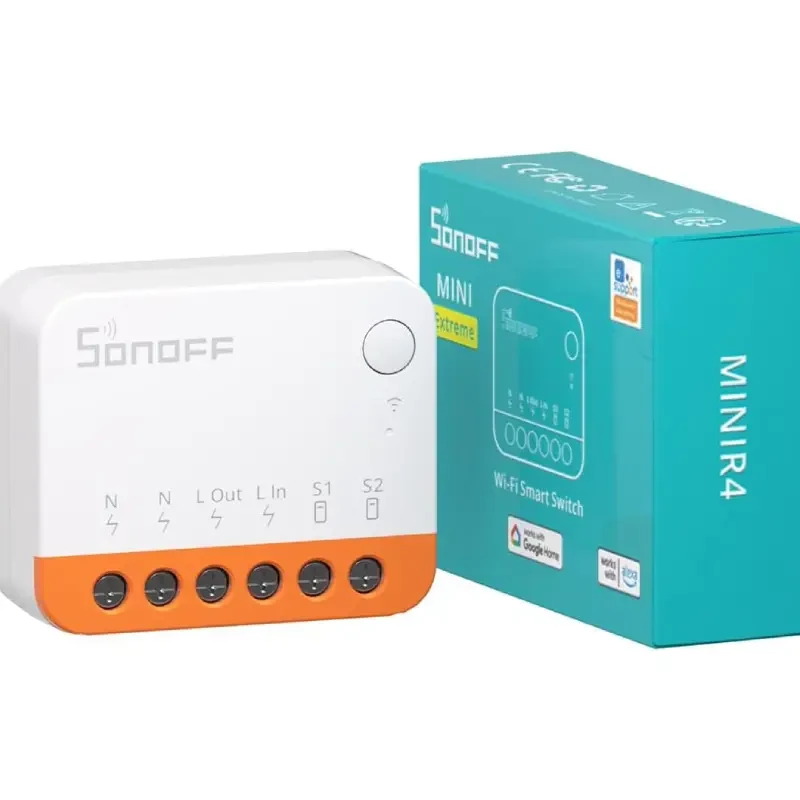 سوئیچ هوشمند وای‌فای SONOFF مدل Mini R4 با حالت قطع رله دوطرفه، کنترل از راه دور با اپلیکیشن، سازگار با الکسا و گوگل‌هوم، توان 10 آمپر / 2200 وات