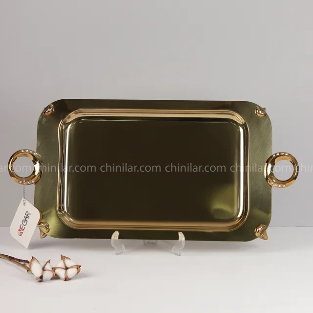 سینی استیل نگار طرح حلقه کد680سایز بزرگ تمام طلایی