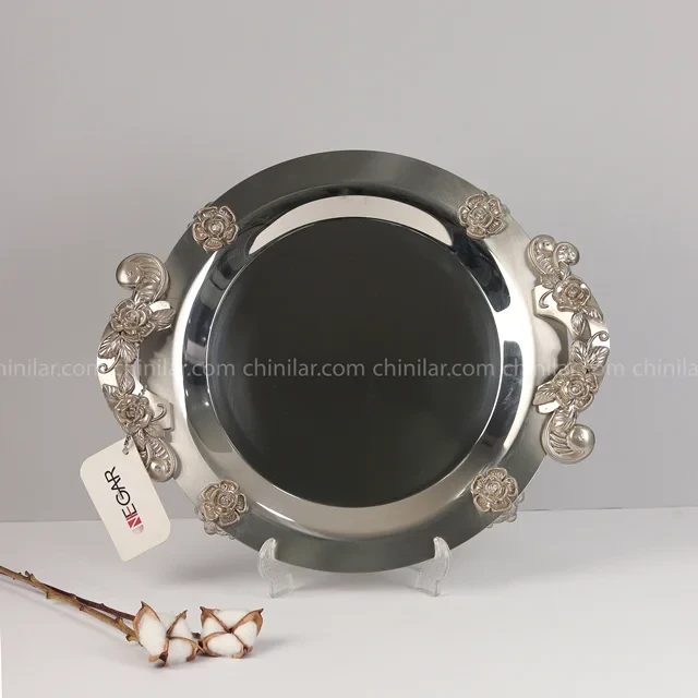 سینی استیل نگار گرد طرح گلستان کد317 سایز متوسط تمام نقره ای