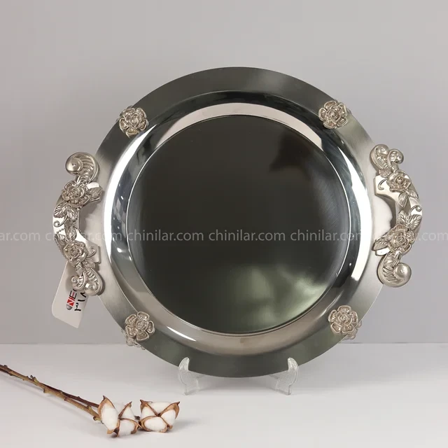 سینی استیل نگار گرد طرح گلستان کد318 سایز بزرگ تمام نقره ای