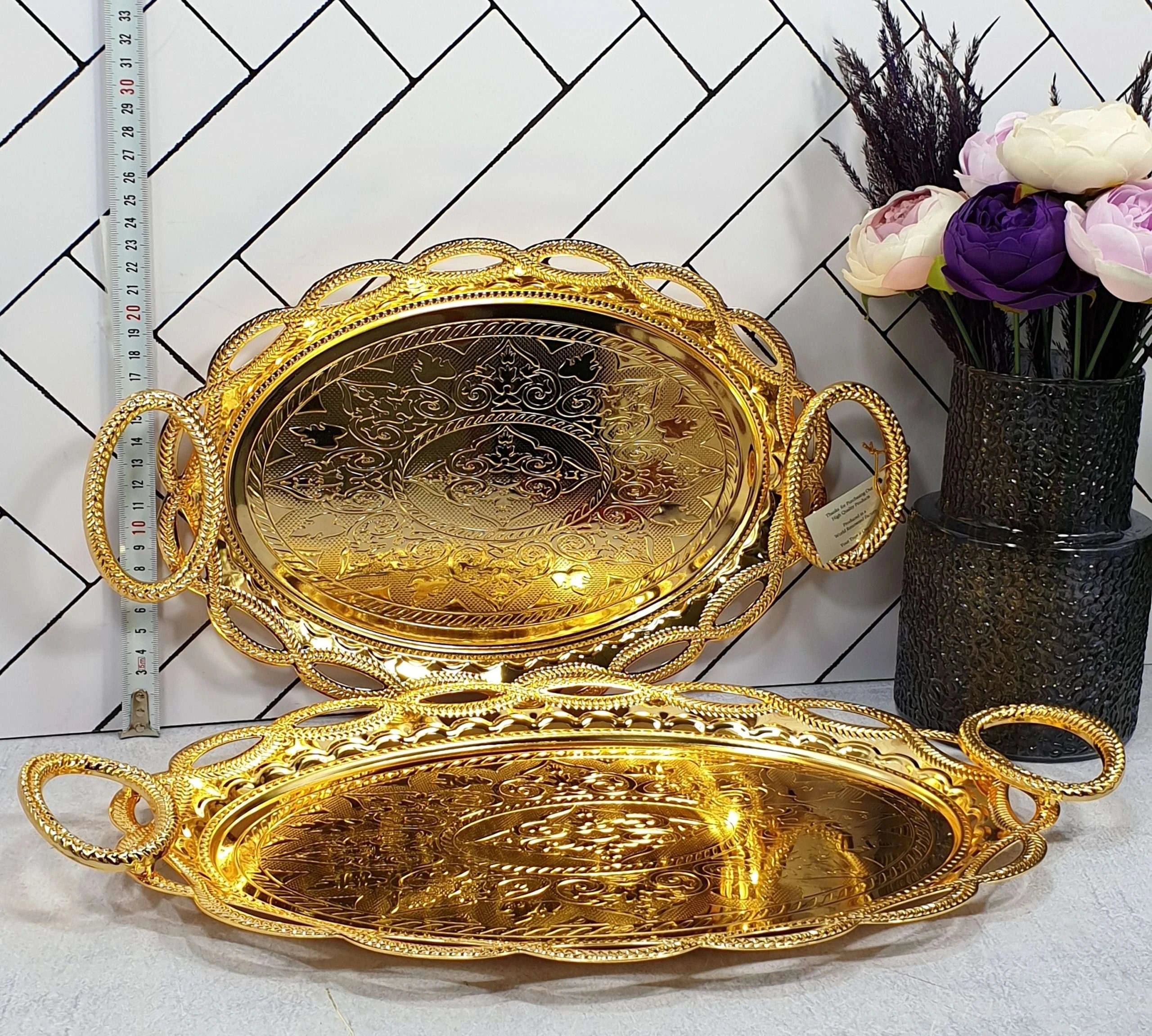 سینی طلایی رومانتیک ROMANTIC خارجی 2 عددی بیضی رنگ : استیل و طلایی