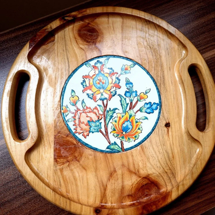 سینی چوبی میناکاری دسته‌ دار چوب روس ضد آب