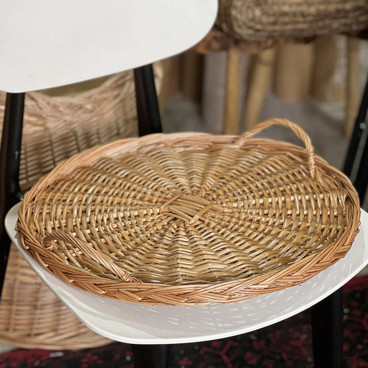 سینی گرد حصیری دسته دار مروار بافی مدل خورشید