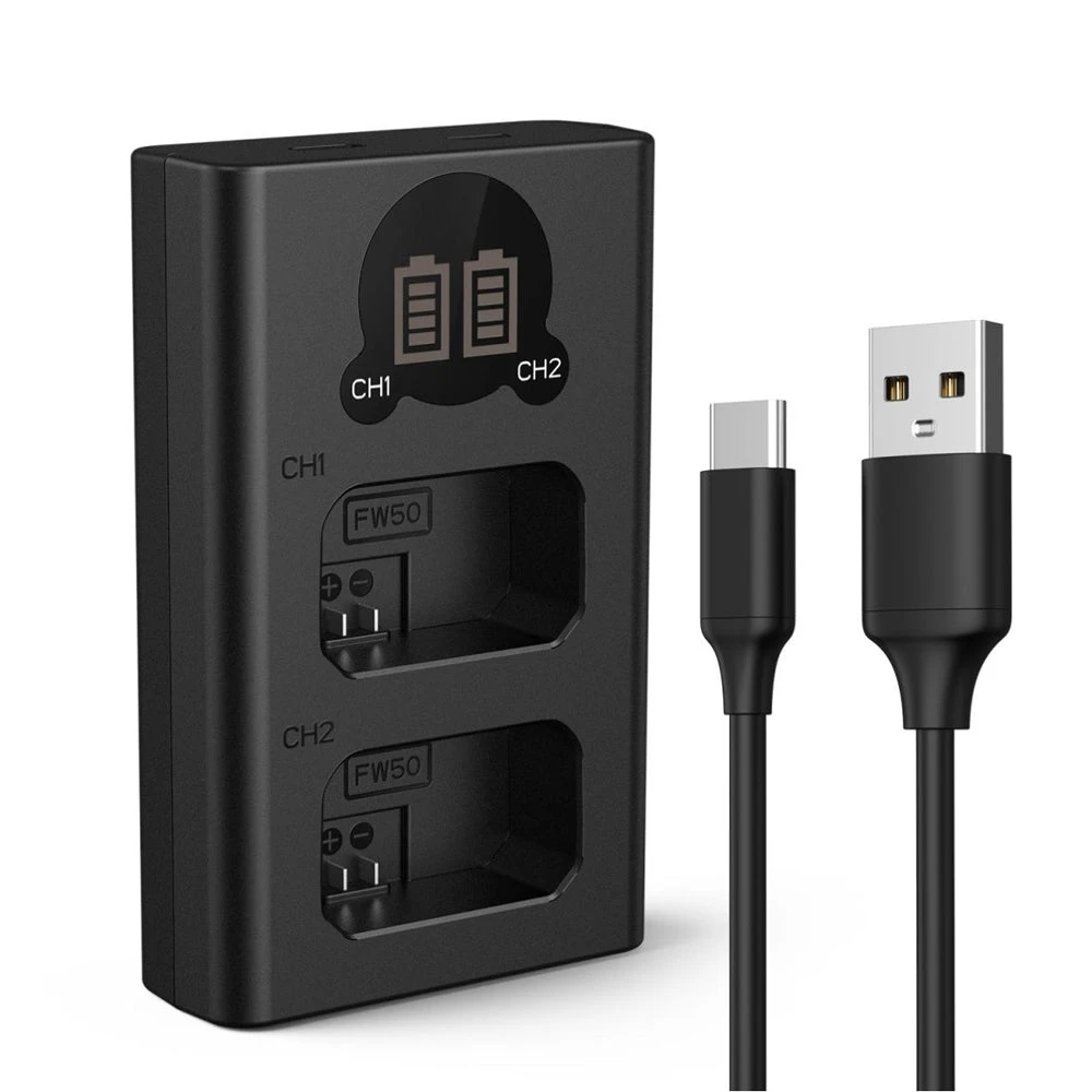 شارژر باتری دوگانه باتری سونی NP-FW50 با صفحه نمایش LCD و کابل شارژ اورجینال امازون المان