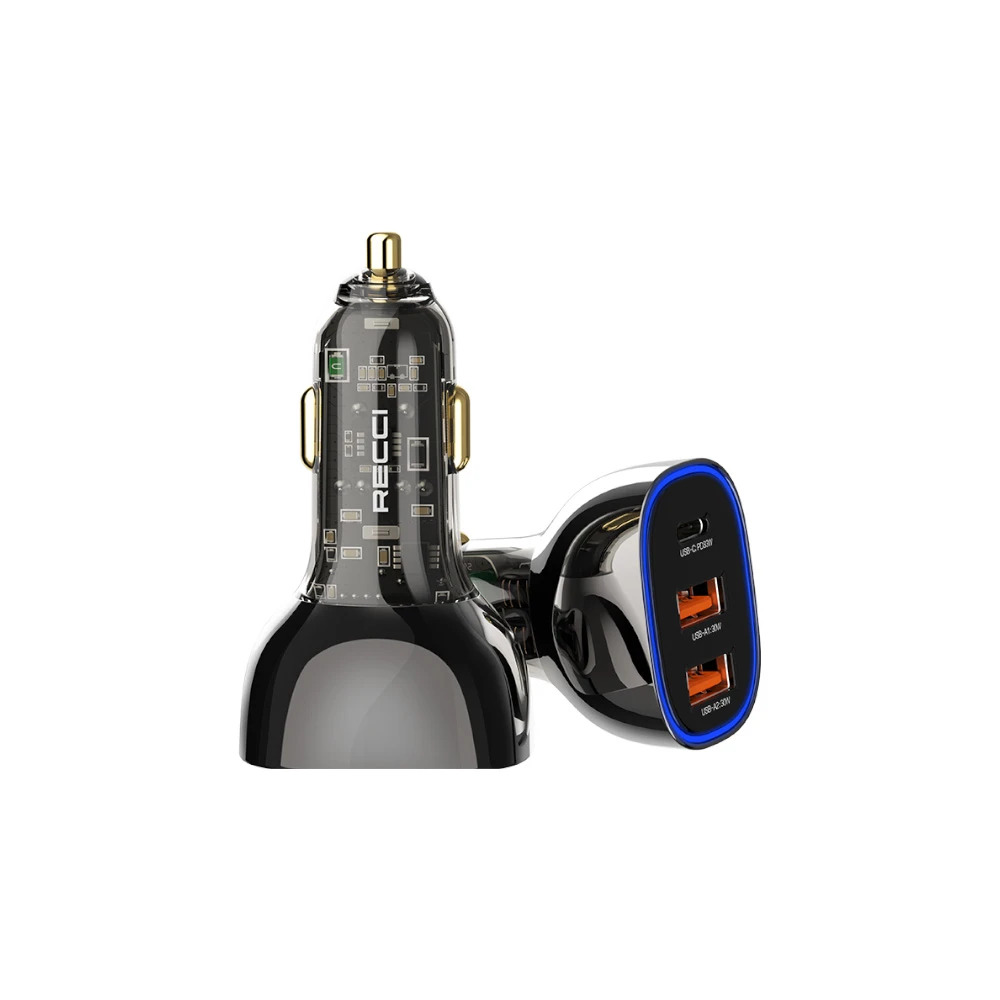 شارژر فندکی 3 پورت رچی مدل Recci Journey Transparent Design Car Charger RCC-N18 با توان 93W