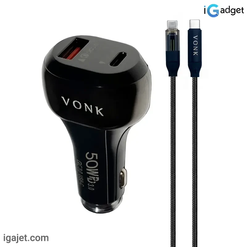 شارژر فندکی 50 وات دو پورت وونک مدل VC-50 به همراه کابل USB-C