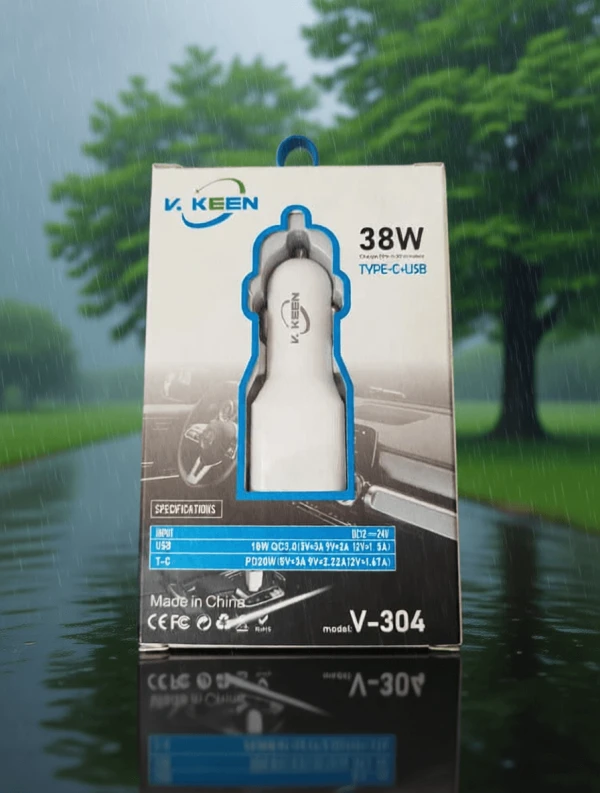 شارژر فندکی V.Keen مدل V-304 توان ۳۸ وات | دو پورت USB و Type‑C با QC3.0 و PD