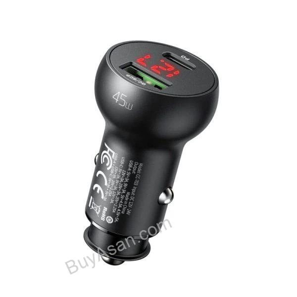 شارژر فندکی دو پورت 45 وات فست شارژ (USB + Type-C) با نمایشگر دیجیتال مک‌دودو مدل CC-7030