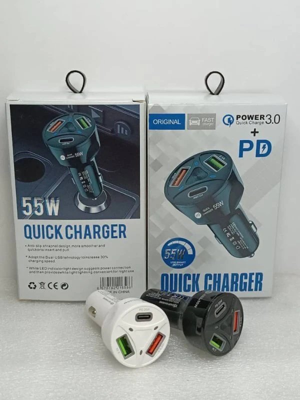 شارژر فندکی ۵۵ وات PD + QC3.0 – ۳ پورت (USB-C + ۲×USB-A) مدل Quick Charger 55W**