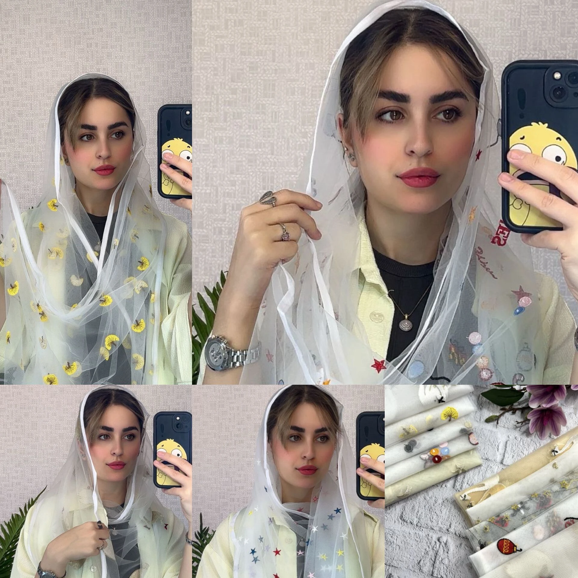 شال تور سفید طرحدار گلدوزی