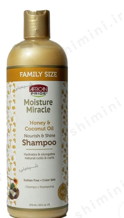شامپو تغذیه‌کننده و براق‌کننده موهای فر آفریکن پراید مدل African Pride Moisture Miracle Honey & Coconut Oil Shampoo 473ml ‌