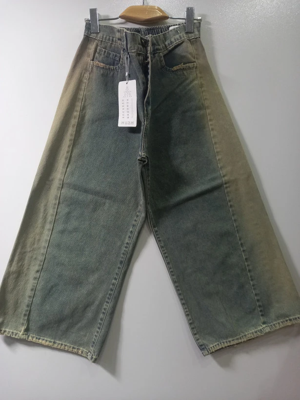 شلوار جین شافل واید بگ زنانه قد 90 شست ممتاز ویژه آبی نفتی رادو بغل و تینت کرم کد BSH90