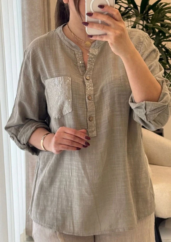 شومیز لینن ایتالیایی خاکی