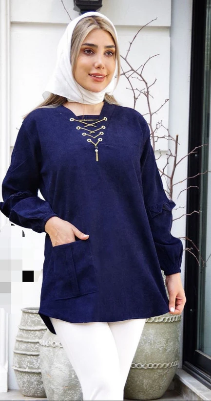 شومیز مخمل کبریتی جلو بسته گردنبنددار