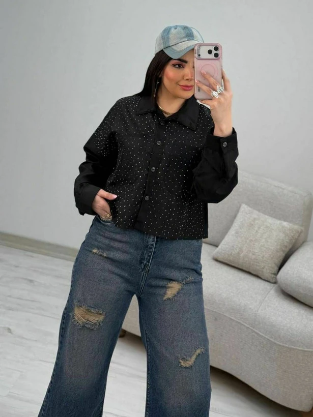 شومیز کراپ زنانه نازلی جنس شیشه ای نگین کوبی شده فری سایز