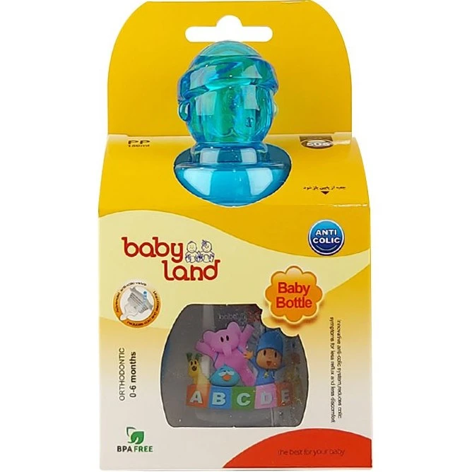شیشه شیر دسته دار ارتودنسی طرح آدمک ابی 150 میل 0-6 ماه بی بی لند babyland کد 505