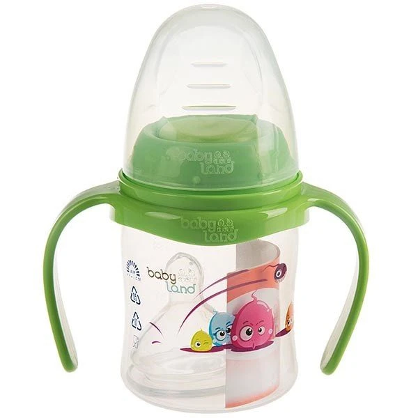شیشه شیر دهانه طلقی عریض ارتودنسی 150 میل دسته دار 0-6 ماه بی بی لند babyland کد 408