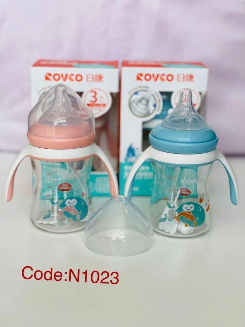 شیشه شیر رووکو 180 میل دسته دار 3+ ماه نی دار پیرکس rovco rk-n1023