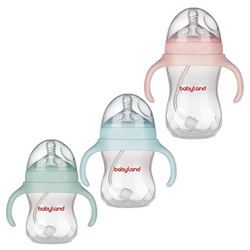 شیشه شیر طلقی pp کولیک ایز 240 میل بی بی لند دسته دار ضد نفخ babyland کد 201