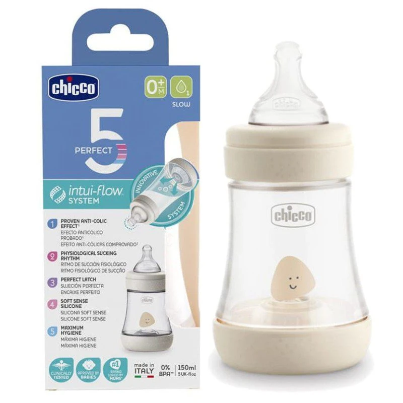 شیشه شیر چیکو chicco پرفکت perfect ۵ میل ۱۵۰ml ضدنفخ +۰m