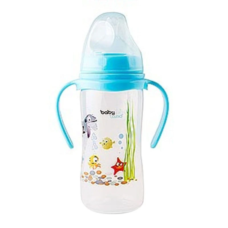 شیشه شیردهانه عریض طلقی ارتودنسی 300 میل دسته دار 6-18 ماه بی بی لند babyland کد 407