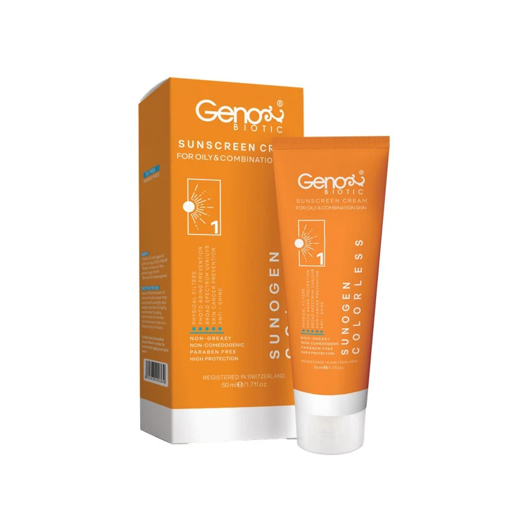 ضد آفتاب ژنوبایوتیک بی رنگ پوست چرب و مختلط مدل Sunogen با SPF50