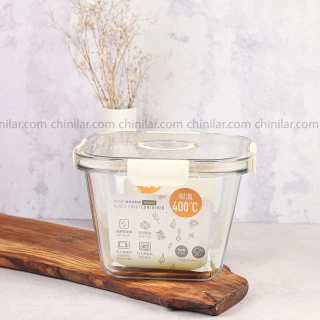 ظرف نگهدارنده مربع1800میل تایم دار شیشه ای