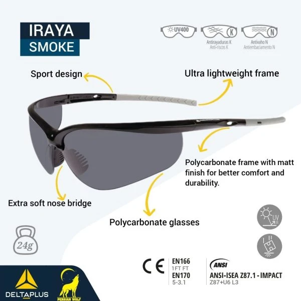 عینک ایمنی اسپرت ایرایا دلتاپلاس مدل IRAYA SMOKE