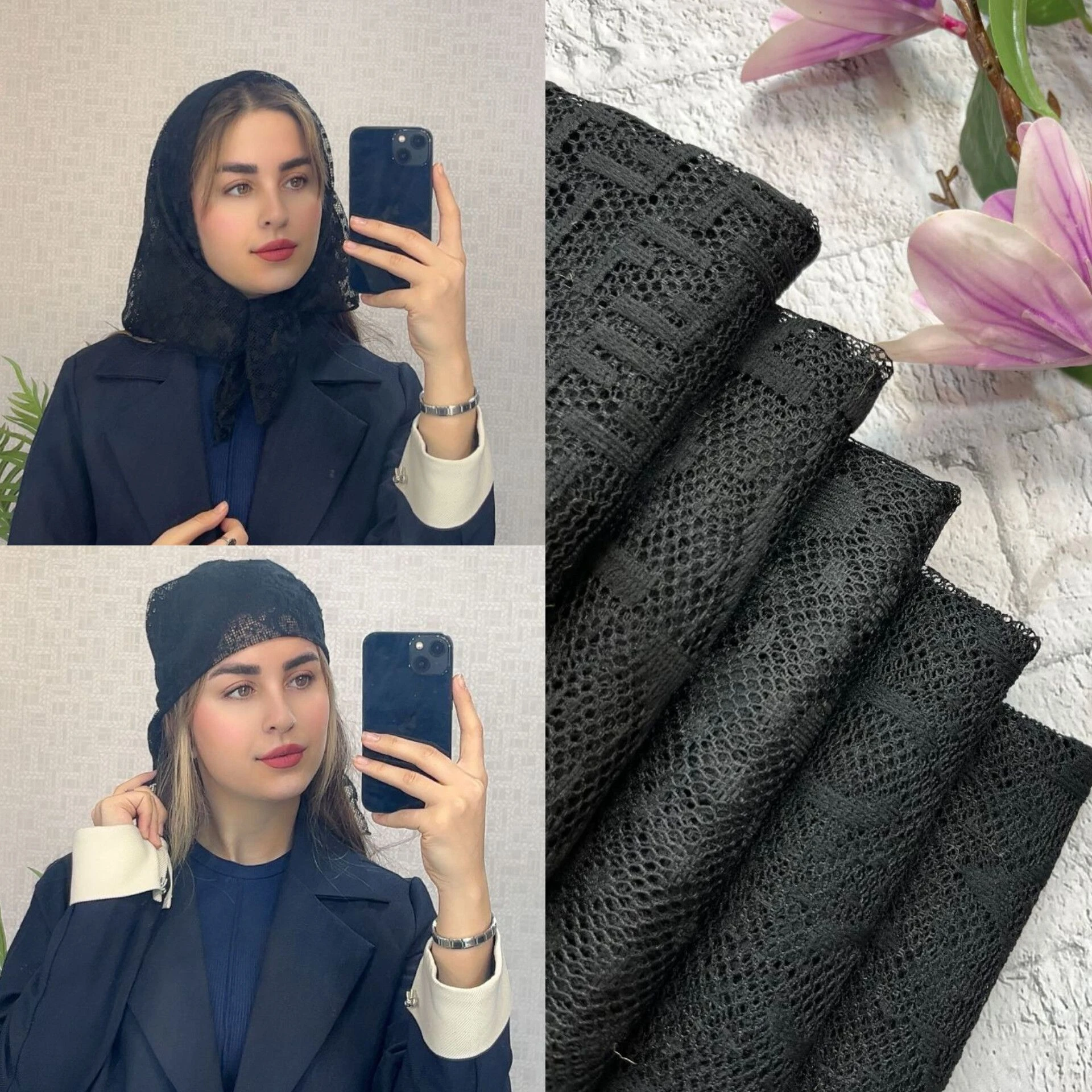 فروش عمده مینی اسکارف تور تور مشکی طرحدار