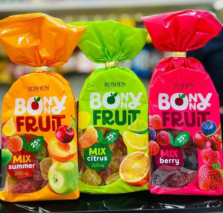 فروش عمده پاستیل ژله ای و شکری روشن مدل Bonny Fruit در3 طعم کارتن ۱۸ تایی