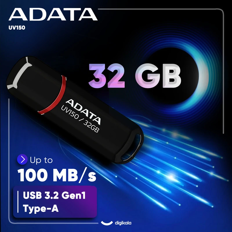 فلش مموری ای دیتا مدل UV150 ظرفیت 32 گیگابایت با رابط USB 3.2 Gen1، سرعت خواندن 90 مگابایت بر ثانیه، سرعت نوشتن 40 مگابایت بر ثا
