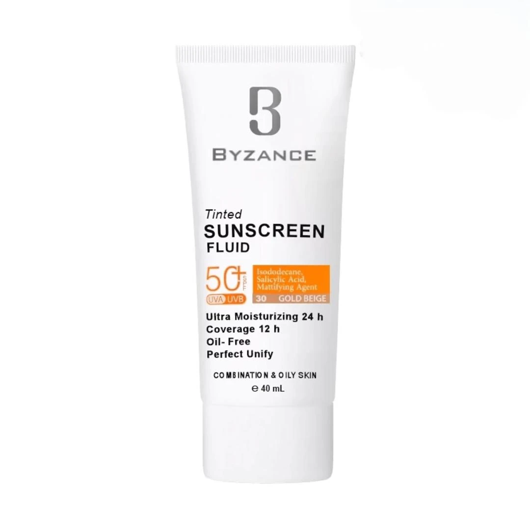 فلوئید ضدآفتاب رنگی گلد بژ spf 50 بیزانس مناسب پوست چرب و مختلط ( بژ طلایی (30) پوست چرب بیزانس SPF50 حجم 40 میلی لیتر)اورجینال100%