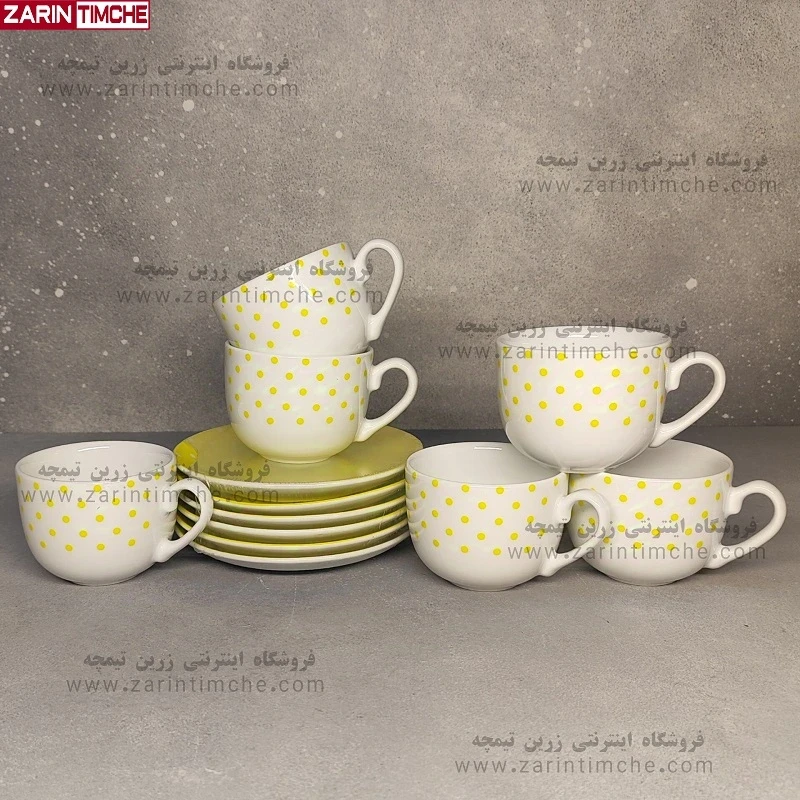 فنجان و نعلبکی چایخوری چینی زرین مدل اسپاتی زرد