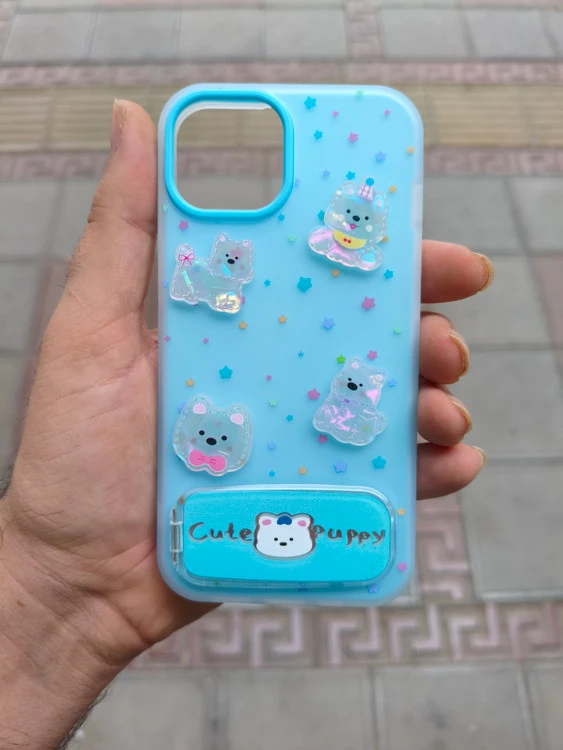 قاب Cute Puppy دولایه عروسک برجسته استندشو آینه ای Apple iPhone 13 / iPhone 14 - آبی