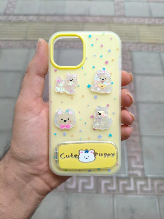 قاب Cute Puppy دولایه عروسک برجسته استندشو آینه ای Apple iPhone 13 / iPhone 14 - زرد