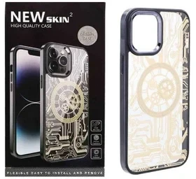 قاب گوشی iPhone 14Pro  آیفون طرح پشت طلق شفاف دور رنگی براق برند نیو اسکین NEW SKIN 2 طرح مگ سیف  مشکی