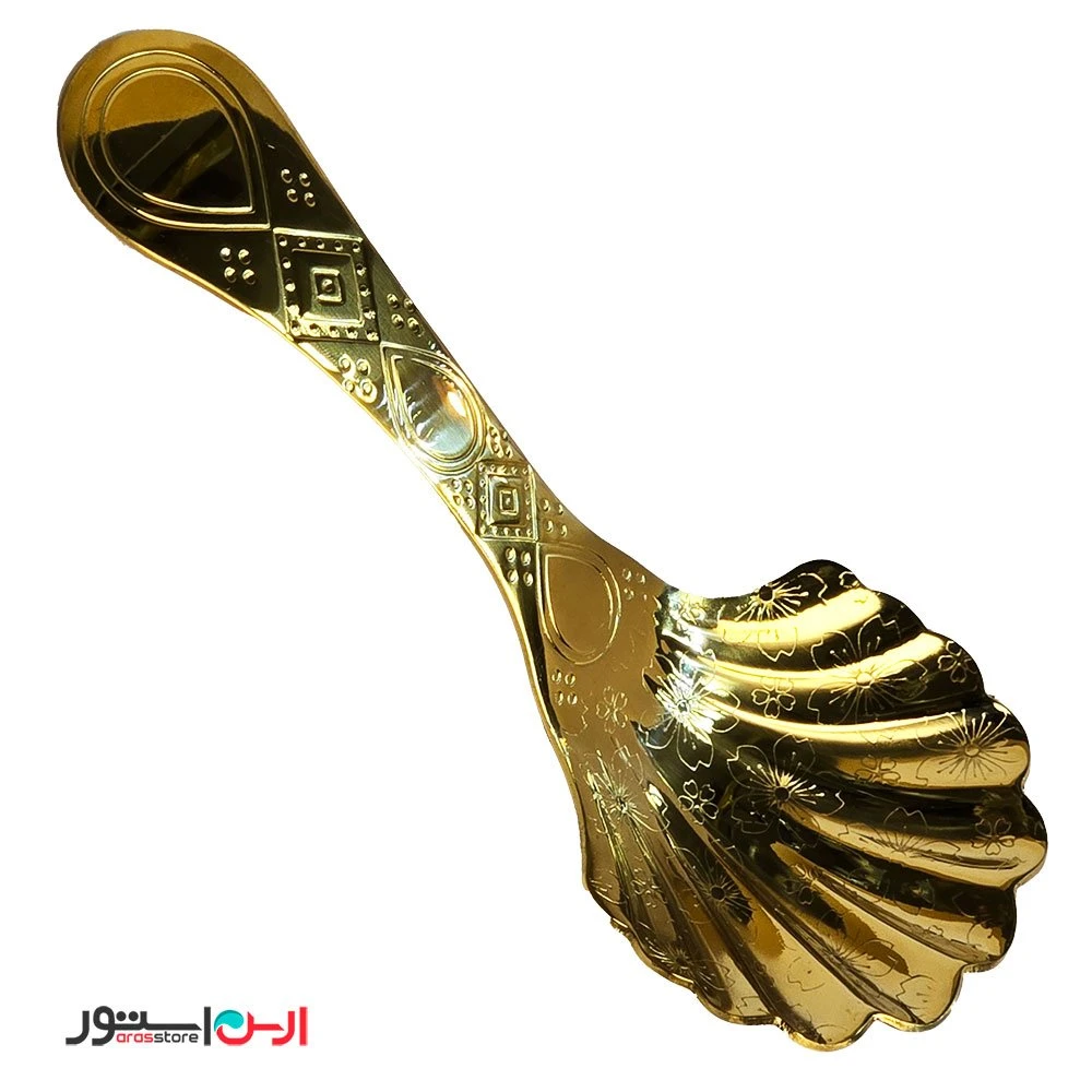 قاشق اجیل ، ژله ، دسر و سس استیل طلایی طرح دار مدل صدفی
