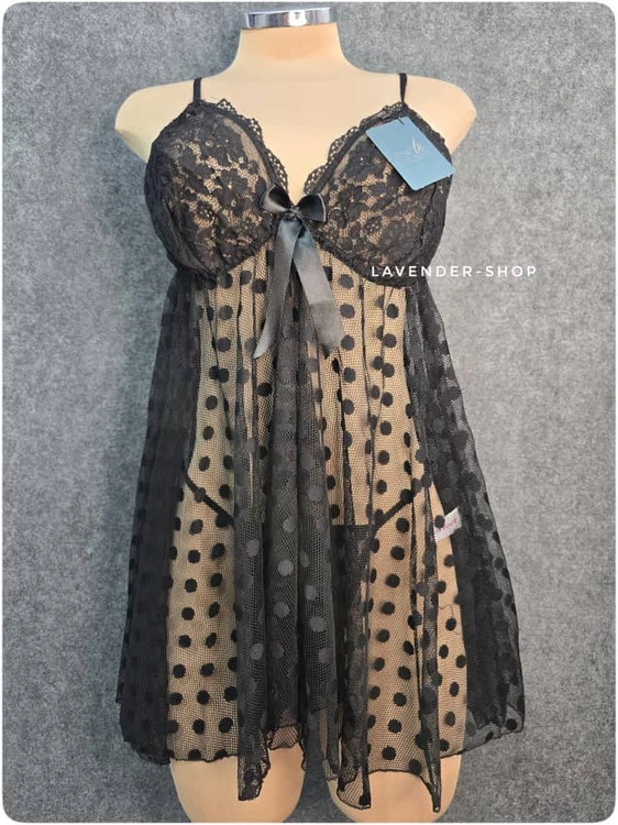 لباس خواب سایز بزرگ (3XL) توری مشکی خال‌دار | همراه شورت بک‌لس ست