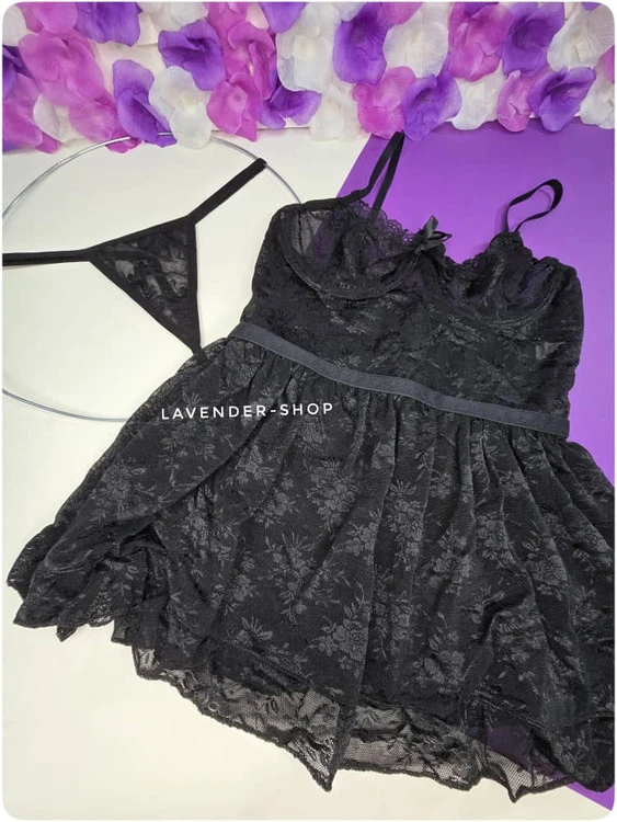 لباس خواب عروسکی توری فنردار کوتاه همراه شورت لامبادا (L–XL)