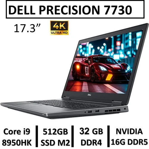 لپ تاپ استوک دل مدل LAPTOP DELL PRECISION 7730 | INTEL CORE i9-8950HK | 32GB RAM DDR4 | 512GB SSD M2 | 17"4K | NVIDIA QUADRO P5200 16GB DDR5