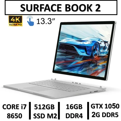 لپ تاپ استوک لمسی جدا شونده مایکروسافت سرفیس بوک 2 LAPTOP MICROSOFT SURFACE BOOK 2 | INTEL CORE i7-8650U | 16GB | 512GB SSD M2 | 13.3" | 4K | NVIDIA GTX 1050 2GB