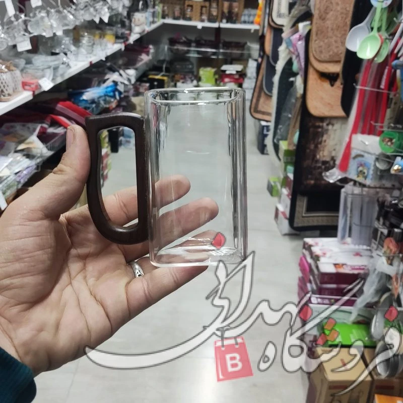 لیوان پیرکس دسته چوبی مربع بلند