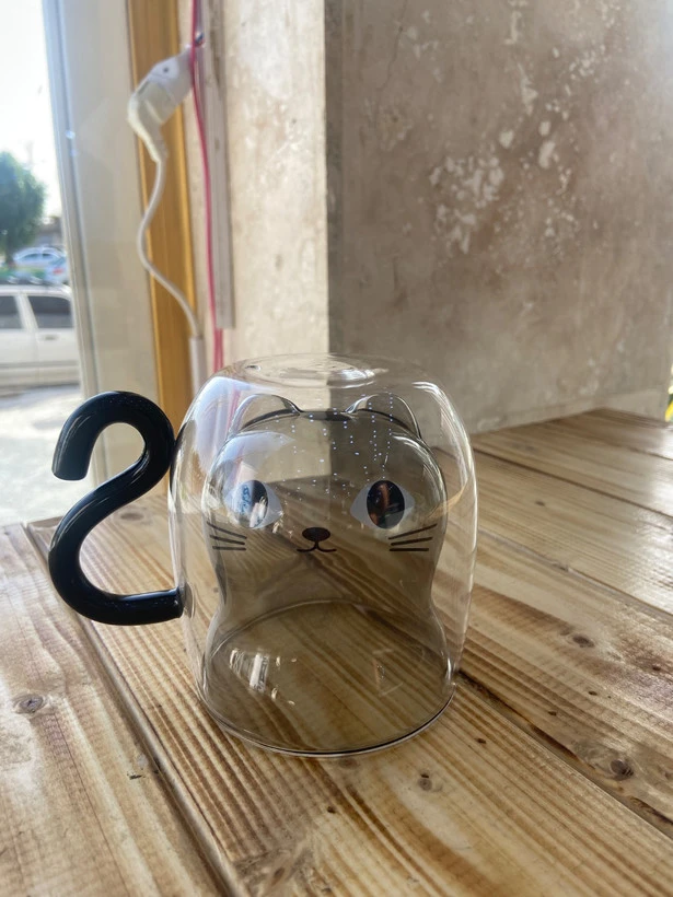 لیوان پیرکس دوجداره طرح گربه مشکی
