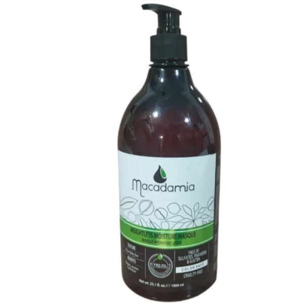 ماسک مو داخل حمام پمپی ماکادامیا مخصوص موهای اسیب دیده و رنگ شده تثبیت کننده رنگ مو macadamia weghtless moisture masque حجم 1000 میل