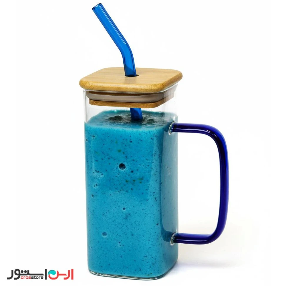 ماگ اسموتی مربعی دسته دار درب بامبو نی دار آبی
