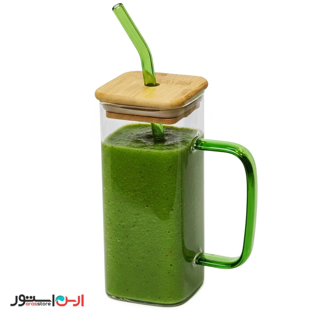 ماگ اسموتی مربعی دسته دار درب بامبو نی دار سبز