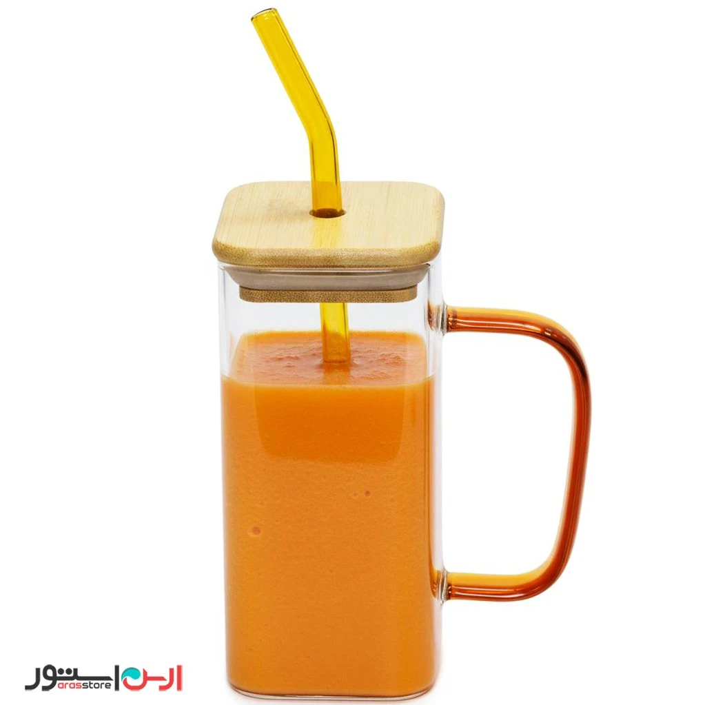 ماگ اسموتی مربعی دسته دار درب بامبو نی دار نارنجی