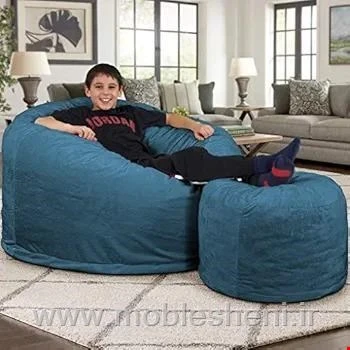 مبل شنی، بین بگ الیافی بزرگ، مخمل آبی به همراه پاف