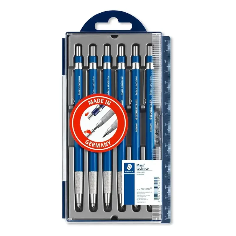 مداد اتودی فشاری STAEDTLER Mars Technico مدل 780C با نوک ۲ میلی‌متر HB و تیزکن داخلی (بسته ۶ عددی)